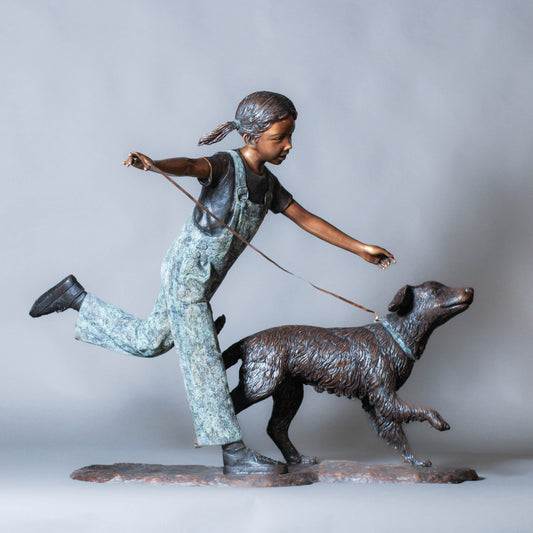 Girl Running With A Dog Bronze Sculpture