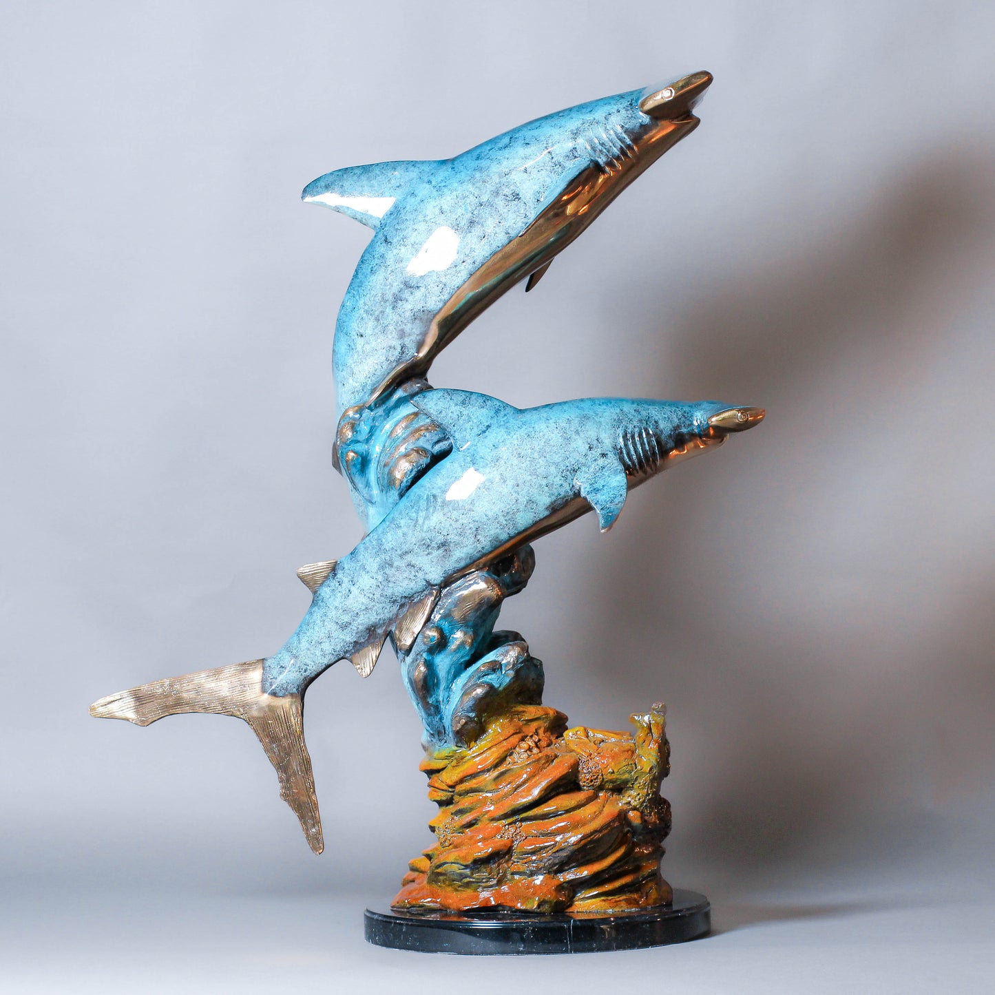 Two Hammer Sharks With Coral Bronze Sculpture