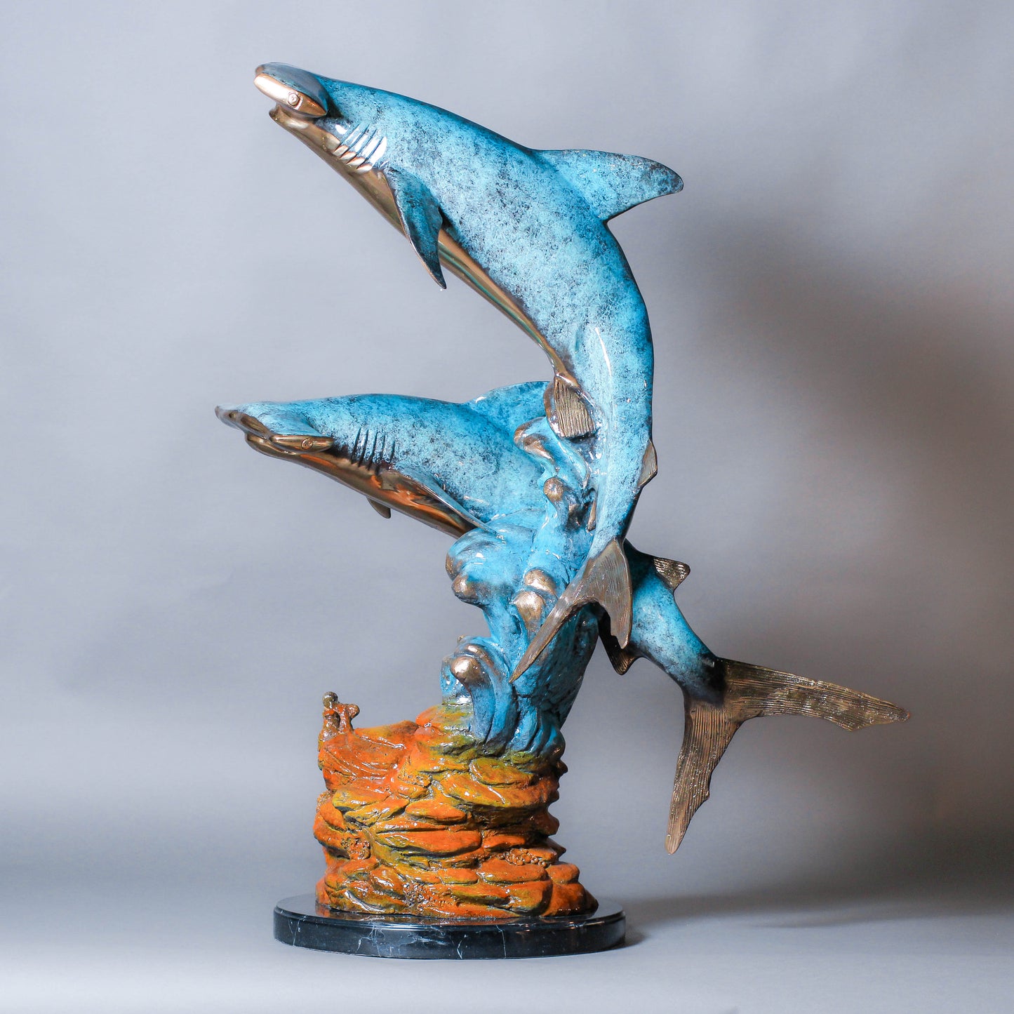 Two Hammer Sharks With Coral Bronze Sculpture