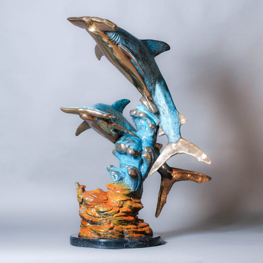 Two Hammer Sharks With Coral Bronze Sculpture