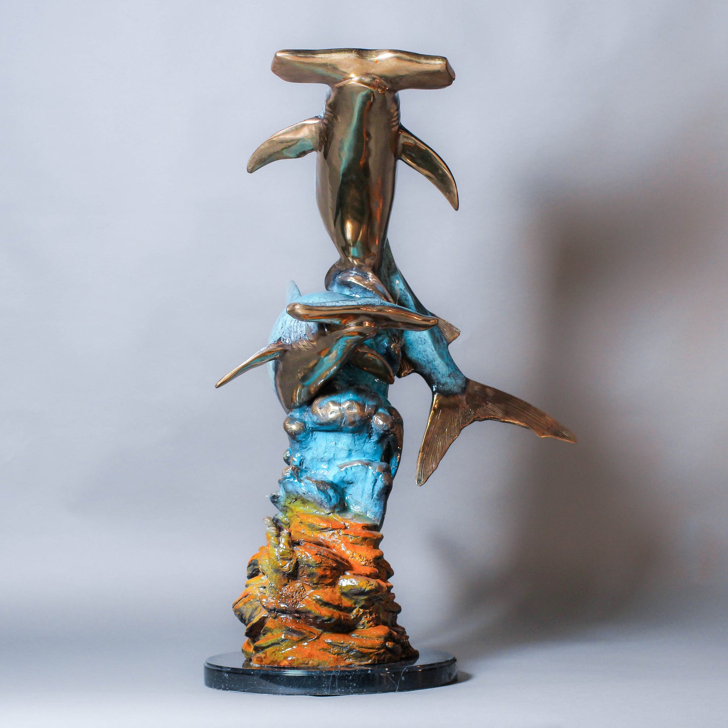 Two Hammer Sharks With Coral Bronze Sculpture