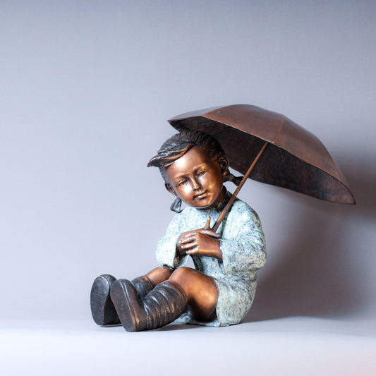 Little Girl Under Umbrella Bronze Sculpture