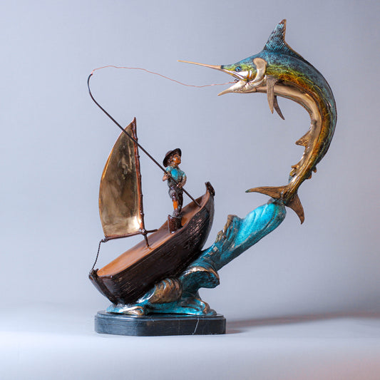 Young Man Fishing On Boat Bronze Sculpture