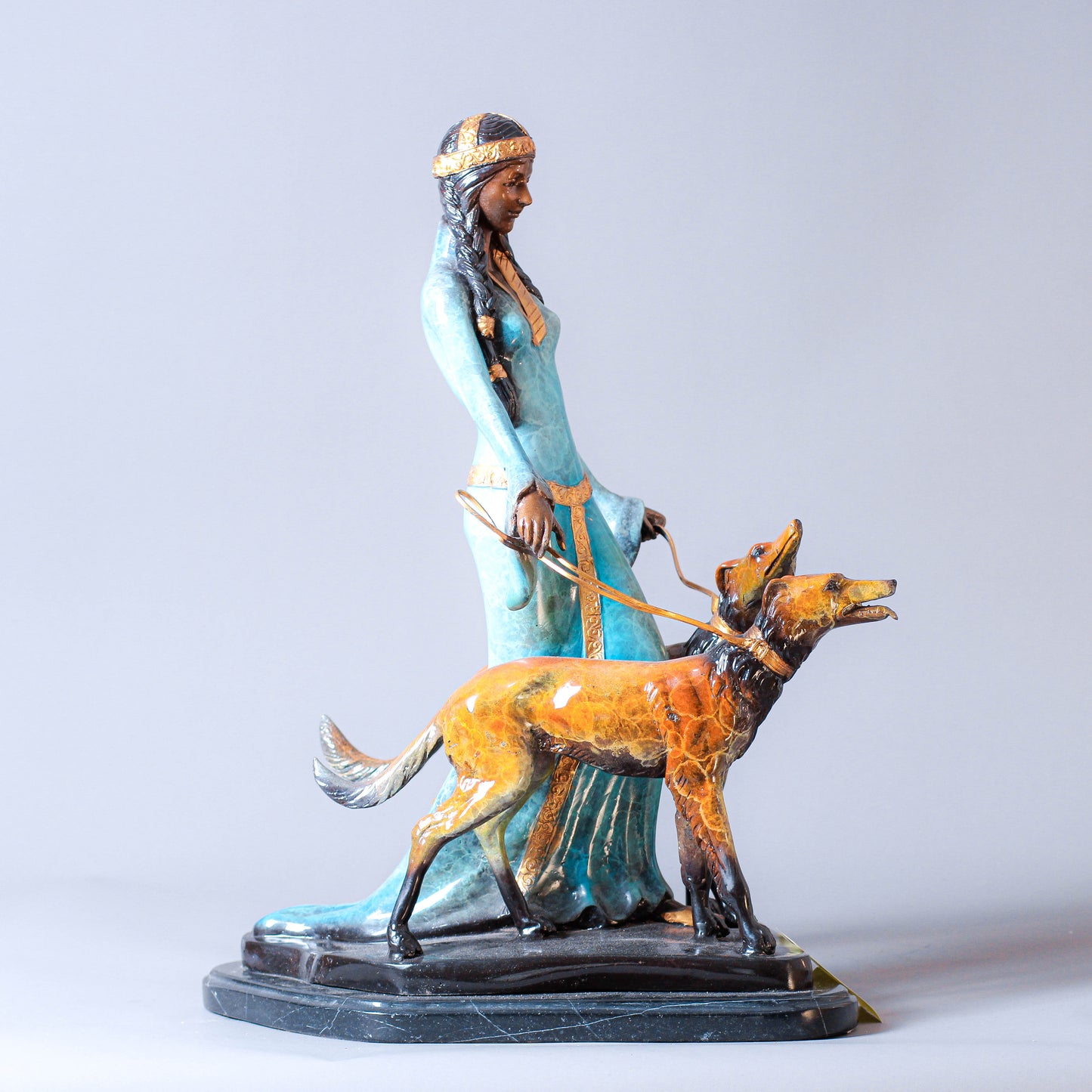 Lady Walking Two Dogs Bronze Sculpture