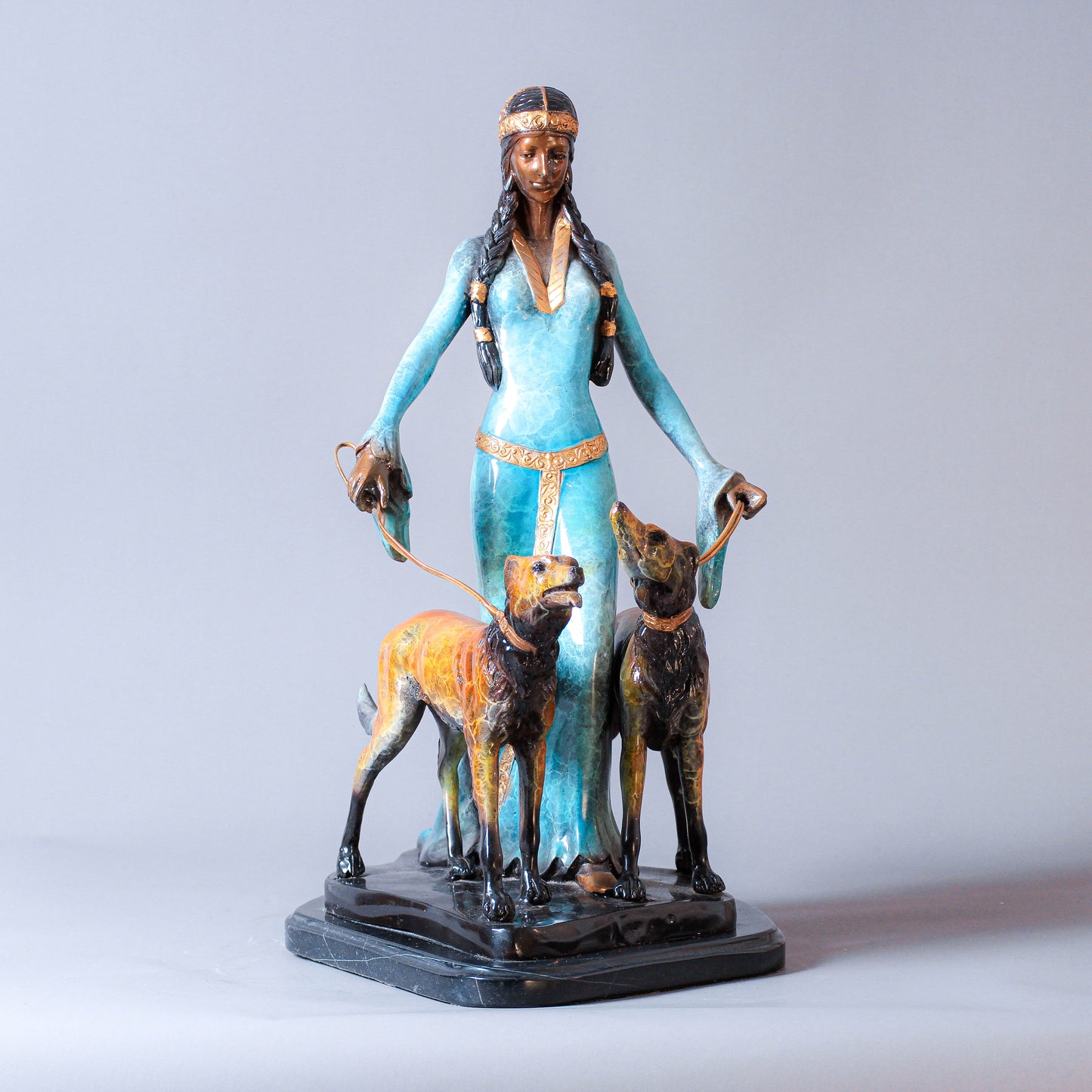 Lady Walking Two Dogs Bronze Sculpture