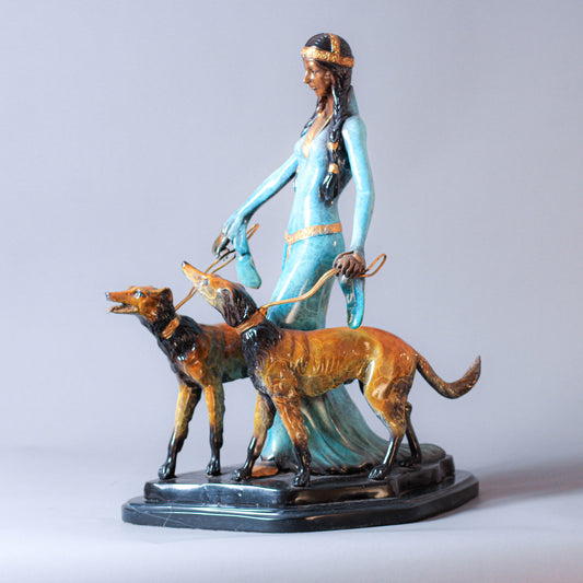 Lady Walking Two Dogs Bronze Sculpture