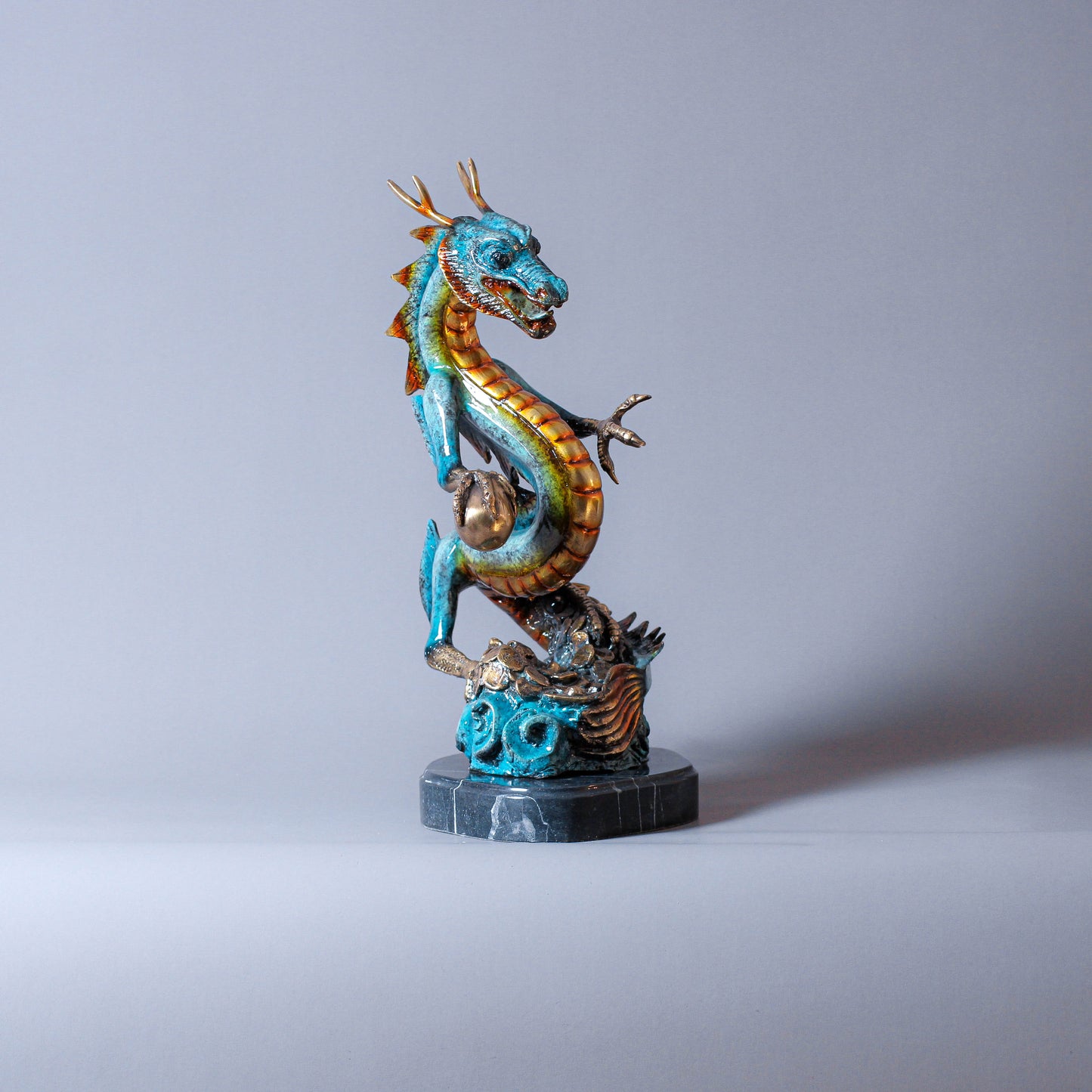 Bronze Dragon Sculpture With Marble Base