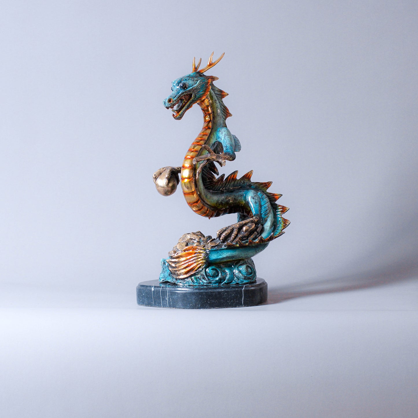 Bronze Dragon Sculpture With Marble Base