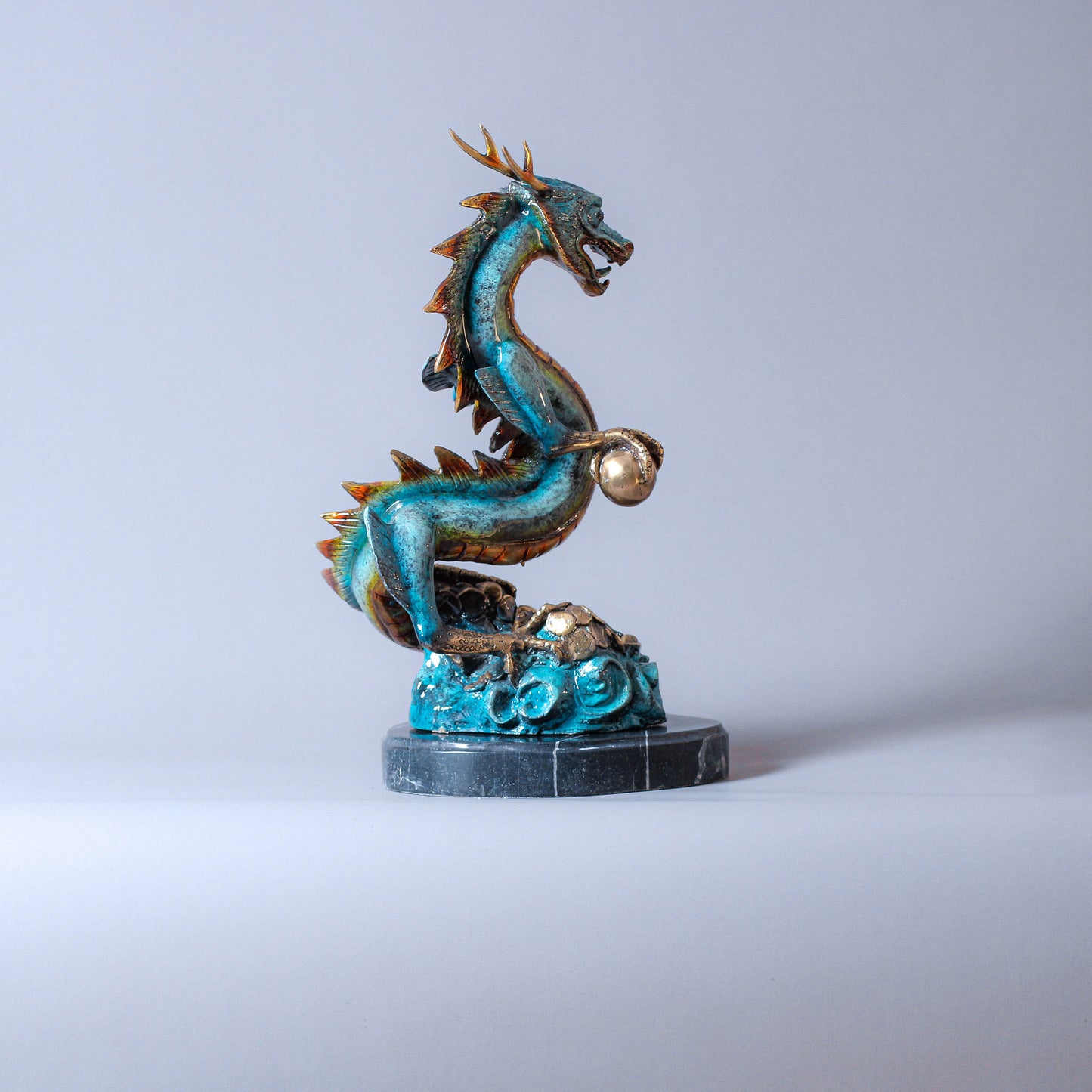 Bronze Dragon Sculpture With Marble Base