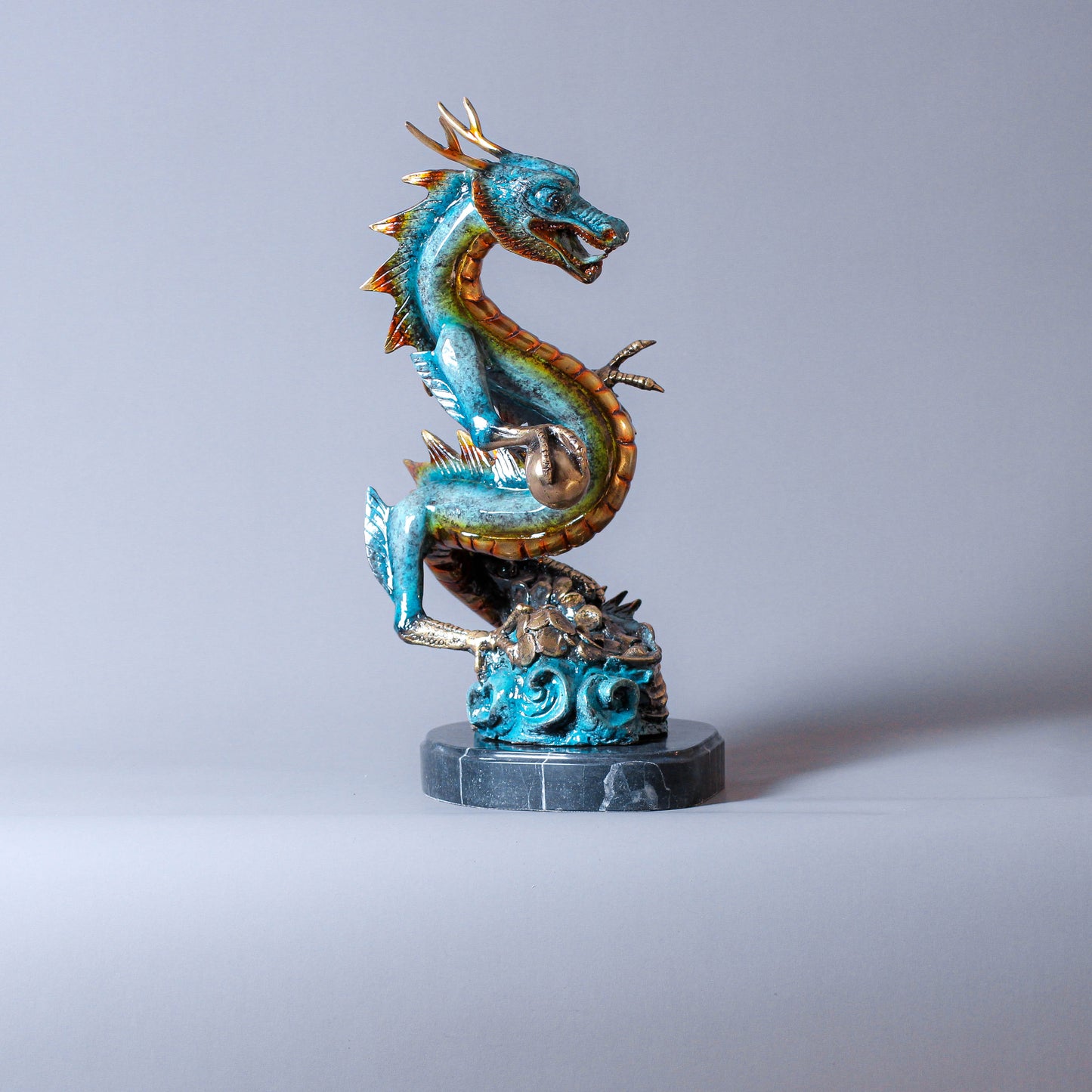 Bronze Dragon Sculpture With Marble Base